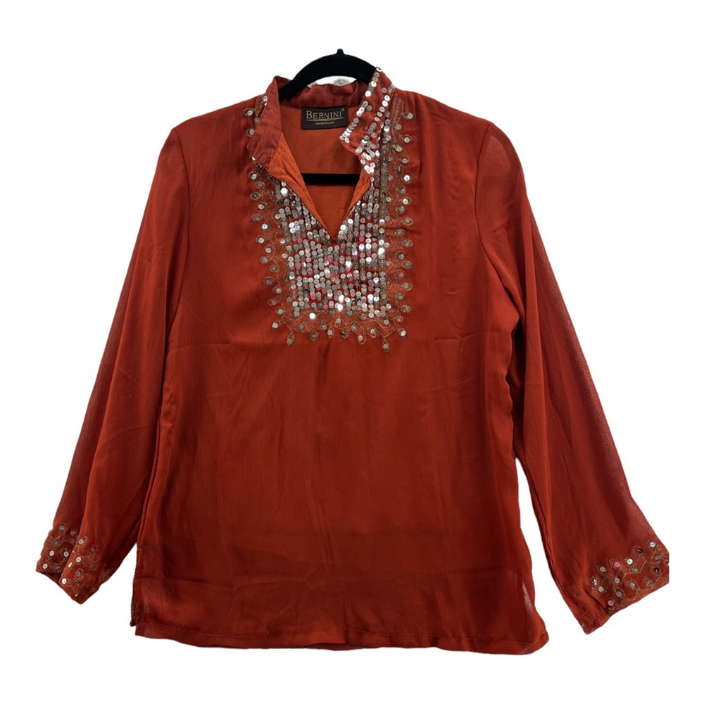 Bernini‎ Womens Blouse Brown Long Sleeve Collar Embellished Side Slit Top L